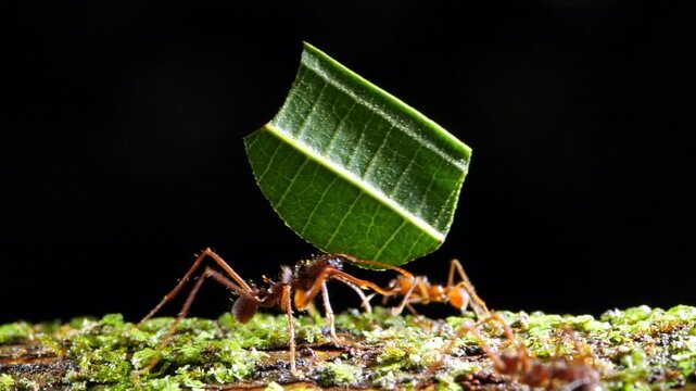 Leaf Cutter Ants (Atta sp.) carrying a leaf along a branch in slow motion. In the Ecuadorian Amazon, Yasuni National Park, Orellana province.