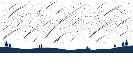 Night sky illustration with a meteor shower over a landscape silhouette. © felixde