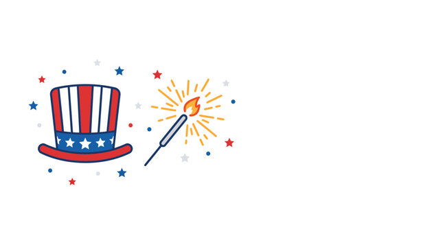 Patriotic Uncle Sam Hat and Burning Sparkler Celebration Illustration.