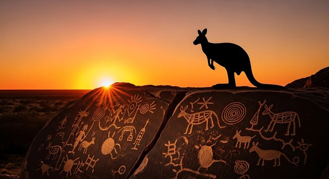 Silhouette kangaroo overlooks ancient petroglyphs at sunrise in rugged landscape