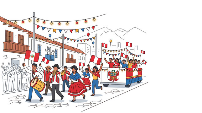 People celebrating Peruvian Independence Day with music and dance in a street parade.