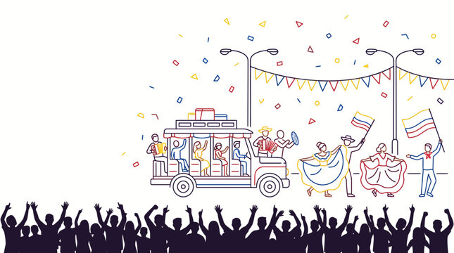 People celebrating with a festive parade vehicle and dancing figures.