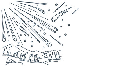 People watching a meteor shower with telescopes in a line art style. © felixde