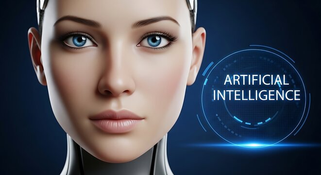 Closeup portrait of a futuristic humanoid robot with blue eyes and digital interface