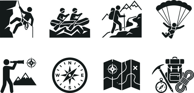 Outdoor Adventure Icon Set: Climbing, Rafting, Hiking, Parachuting, Navigation