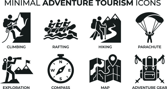 Minimal Adventure Tourism Icons Set: Climbing, Rafting, Hiking, Parachute, Exploration, Compass, Map, Gear