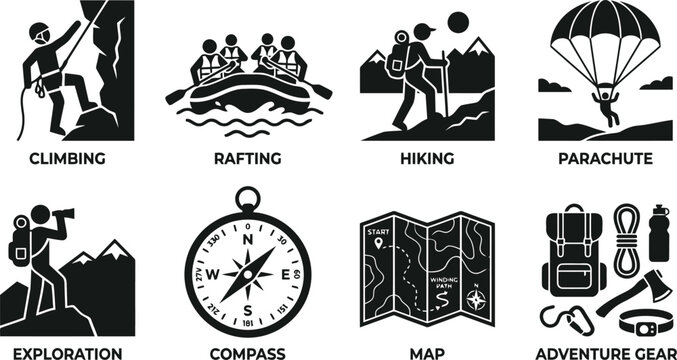 Outdoor Adventure Sports Icons: Climbing, Rafting, Hiking, Parachute, Exploration