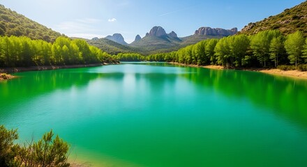Obraz premium Serene turquoise reservoir reflects lush green trees and majestic mountains