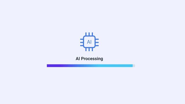 Minimal artificial intelligence processing animation with AI chip icon and gradient progress bar, showing machine learning computation workflow in a clean digital interface.