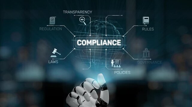 A visually striking representation of a robotic hand symbolizing compliance in a digital business landscape, showcasing key regulatory icons and concepts. Synapse