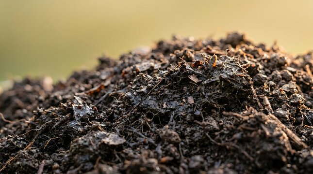 Extreme macro photography of rich organic compost soil for sustainable gardening and agriculture in warm natural sunlight background