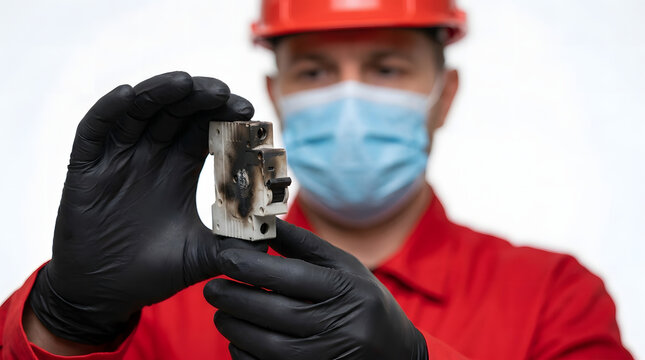 Detailed view of charred electrical circuit breaker isolated on white background held by safety inspector for failure analysis