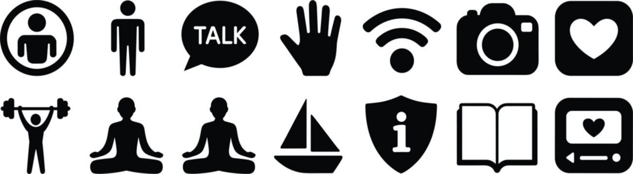 Modern Lifestyle and Communication Icon Set Featuring Fitness, Meditation, Technology, Social Interaction, and Digital Media Symbols for Creative Interface Design Projects