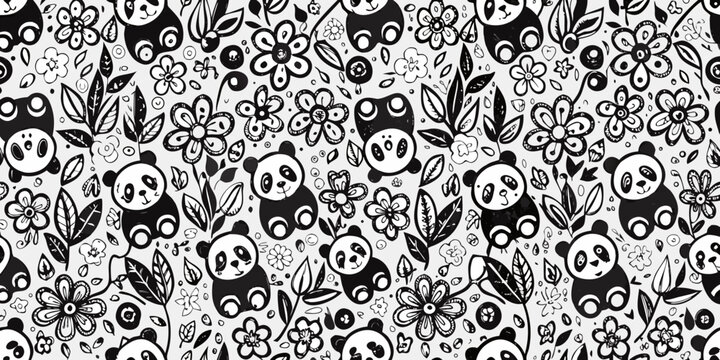 Panda And Floral Ornament Black And White Vector Illustration