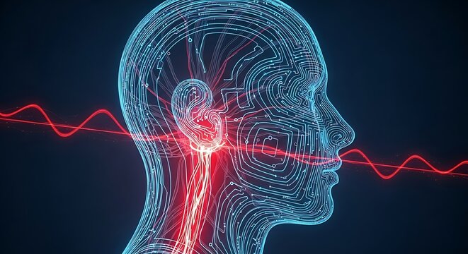 Digital human head profile with circuit board patterns and glowing red wave