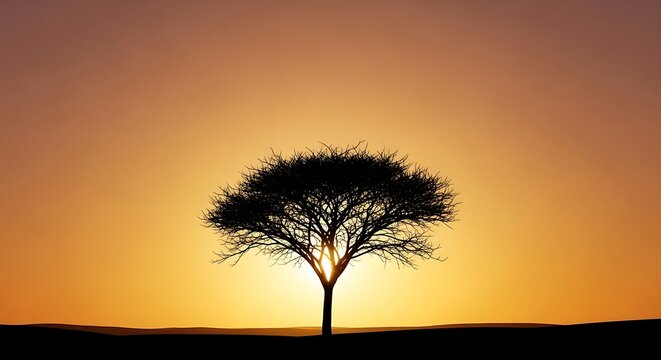 A single acacia tree silhouette standing in the middle of a beautiful golden sunset over the savanna. czarne drzewo