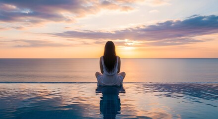 Fototapeta premium Woman sitting by infinity pool at sunset