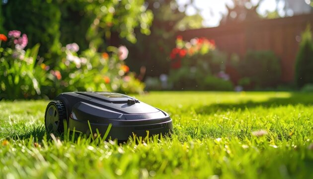 Black Robotic Lawn Mower Resting on Sunlit Green Grass in Garden