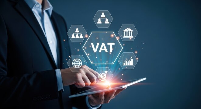 VAT value added tax concept with businessman using digital tablet, financial tax management and accounting software, corporate taxation and compliance