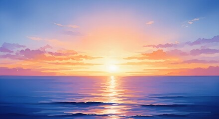 Fototapeta premium Beautiful sunset over the ocean, calm waves reflecting the orange and purple colors of the sky, serene seascape painting style