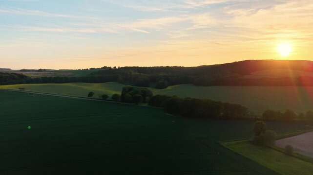 Aerial View of Fields and Forest at Golden Hour Sunset 
