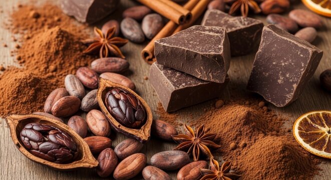 Chocolate chunks and cocoa beans with cinnamon sticks and star anise on wooden table with cocoa powder
