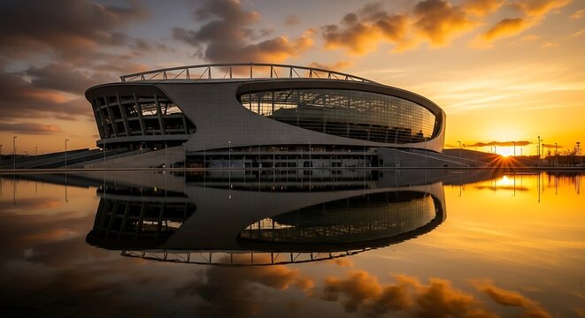Elliptical stadium exterior with glass facade reflecting in water at golden hour sunset