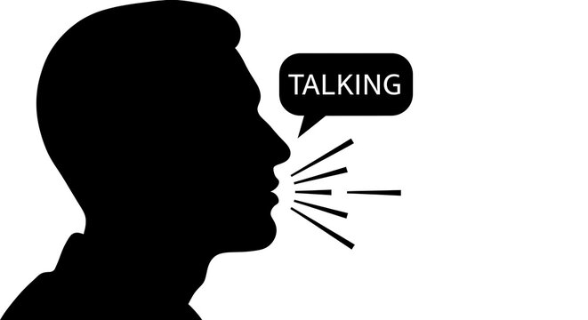 Silhouette of a person's head speaking, with a speech bubble saying "TALKING