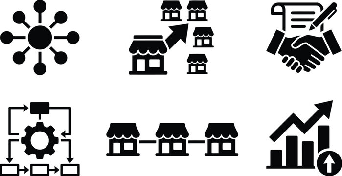 Business Growth and Strategy Icons: Franchising, Networking, Contracts, Workflow, Analytics