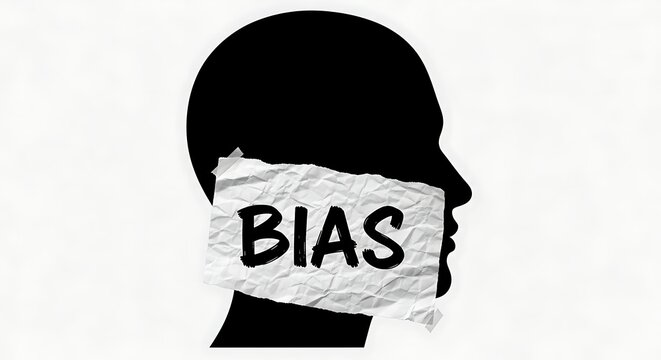 Silhouette of head with "BIAS" taped over mouth, symbolizing prejudice