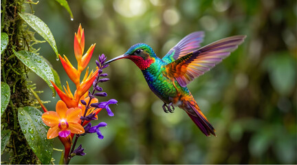 Fototapeta premium Vibrant hummingbird feeding on colorful tropical flowers in lush forest