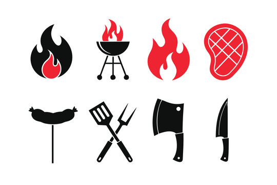 Set of barbecue and grilling with flames, steak, sausage, spatula, fork, cleaver, and kitchen knife