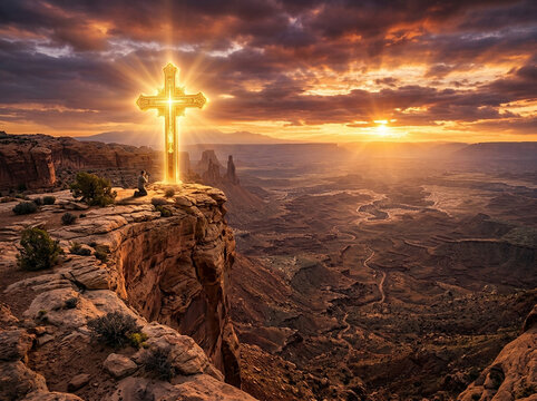 Glowing cross on rocky cliff at sunset over ocean with dramatic clouds