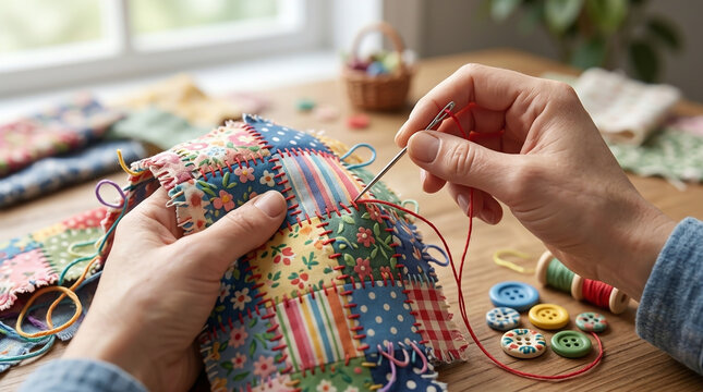 3D illustration of  Close-up of hands sewing colorful patchwork fabric with a needle and red thread. Concept for upcycling, sustainability, DIY crafts, and mending clothes.
