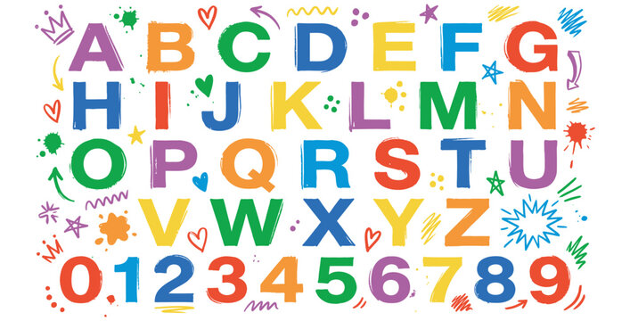 Vibrant colorful alphabet letters and numbers with playful doodles on transparent background