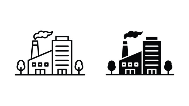 Industrial factory building with smoke stack vector icon set for manufacturing