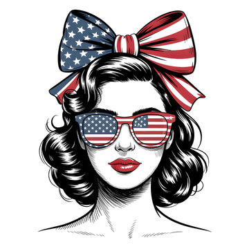Woman with american flag sunglasses and bow her lips are painted red white blue fourth of jul