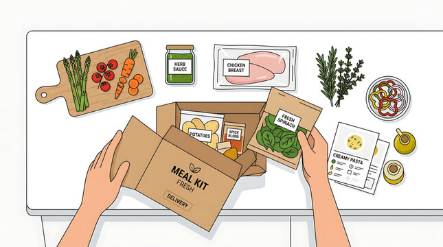 Top view of hands unpacking a meal kit box with fresh ingredients on a kitchen counter