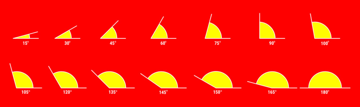 Set of various angles from 15 to 180 degrees