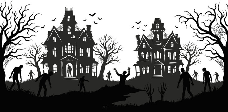 Haunted house silhouettes with zombies and spooky dead trees for halloween night scene graphic design elements