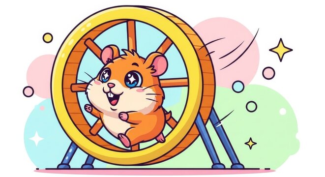 Playful cartoon hamster running on exercise wheel with colorful background and stars