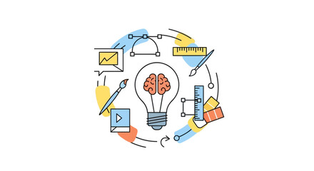 Fototapeta premium Creative design concept featuring brain inside a lightbulb with illustration tools