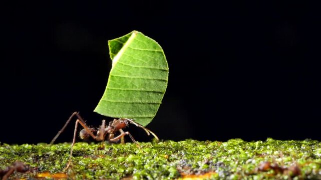 Leaf Cutter Ants (Atta sp.) carrying a leaf along a branch in slow motion. In the Ecuadorian Amazon, Yasuni National Park, Orellana province.