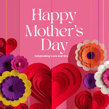 Mother's day card of greeting with lovely flowers and heart shapes.