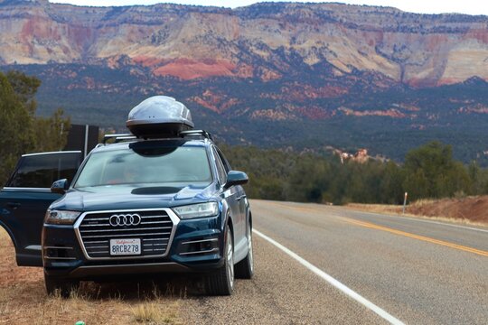 Audi Q7 Luxury Commuter SUV Parked on the Side of the Road in Utah Desert Landscape
