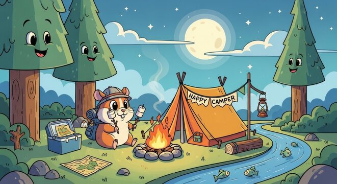 Cartoon hamster camping outdoors with tent trees campfire and marshmallow at night under moonlight