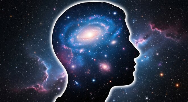 Silhouette of a human head filled with a vibrant galaxy and cosmic nebulae