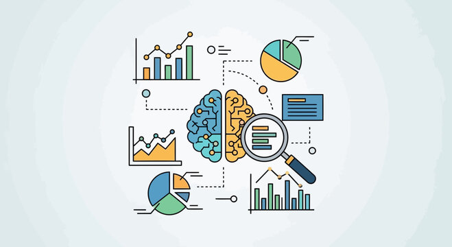 Data analysis and brain concept illustration with charts and graphs