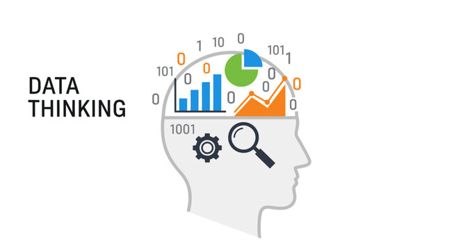 Data thinking concept illustrated head with charts and binary code