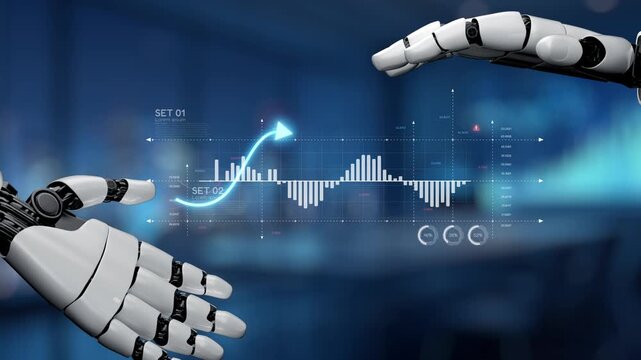 A futuristic scene depicting a robotic arm engaging with digital data, highlighting graphs, alerts, and analytical elements in a high-tech environment. Synapse